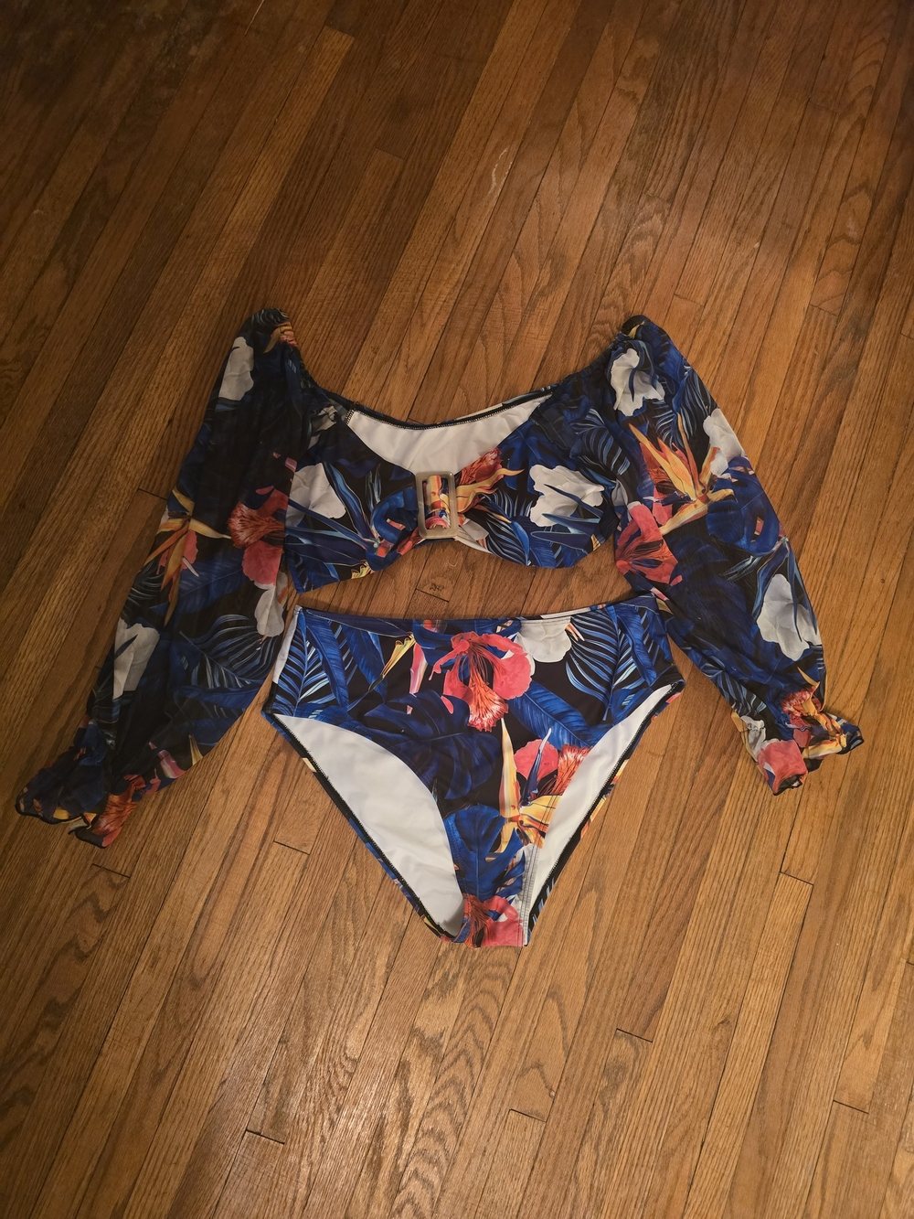 SHEIN Blue Tropical Floral Long-Sleeve Bikini Set